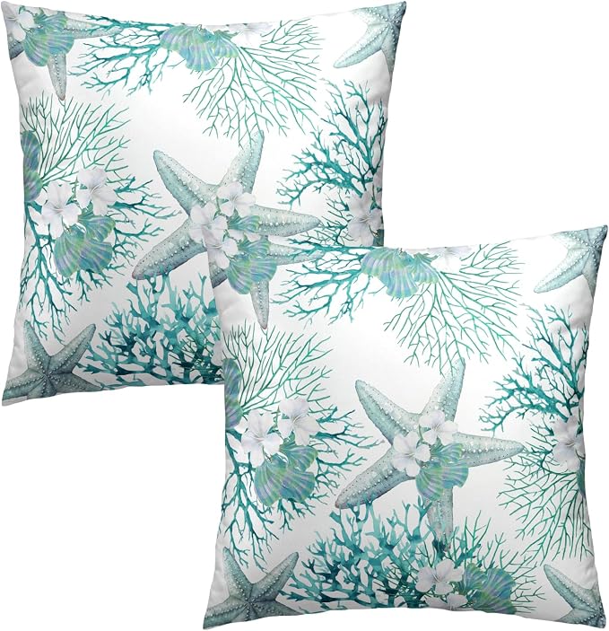 Nautical Coastal Throw Pillow Covers 16x16 Set of 2, Summer Ocean Beach Coral Floral Decorative Pillow Cases Cotton Cushion Cover for Home Sofa Couch Wedding Anniversary Decor