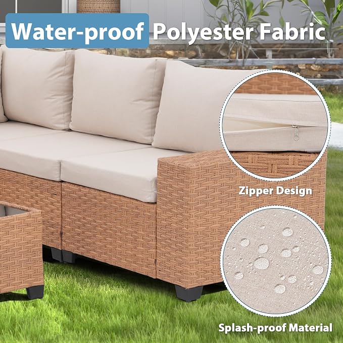 JOIVI 6-Piece Outdoor Sectional Patio Furniture Set, All-Weather Wicker Conversation Sectional with 8” Wide Armrests & 4” Cushions, Modular L-Shaped Sofa for Backyard, Garden & Porch, Beige