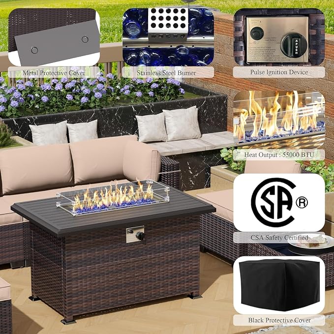 11 Pieces Outdoor Patio Furniture Set,Outdoor Sectional Furniture with 43" 55000 BTU Gas Propane Fire Pit Table,PE Rattan Wicker Patio Conversation Set,Swivel Rocking Chairs Set,Sand