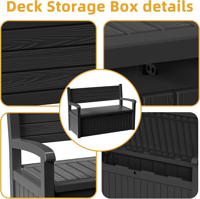 EasyUp 80 Gallon Wood Grain Style Outdoor Storage Bench, Waterproof and Lockable Deck Box Outdoor Storage Furniture for Patio,Garden,and Porch-Perfect for Storing Garden Tools(Black Srtipe)