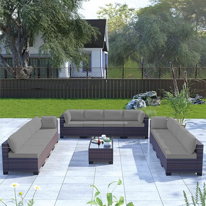 Kullavik 14PCS Outdoor Patio Furniture Set PE Wicker Rattan Sectional Sofa Patio Conversation Sets,Grey