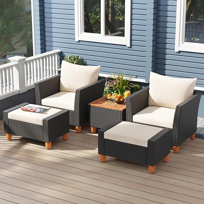 Tangkula 5 Pieces Patio Furniture Set, PE Rattan Chairs with Storage Table, Ottomans, Soft Pillows & Cushions, Acacia Wood Tabletop & Legs, Outdoor Conversation Set for Porch, Garden (White)