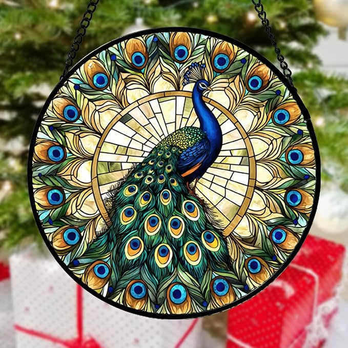 DASTOLL Stained Glass Window Hanging - Retro Peacock Decoration Suncatcher for Door Garden Home Bird Feather Sun Catchers Christmas Mother's Day Birthday Gifts for Women Men Mom Nana Friend 14.9 in