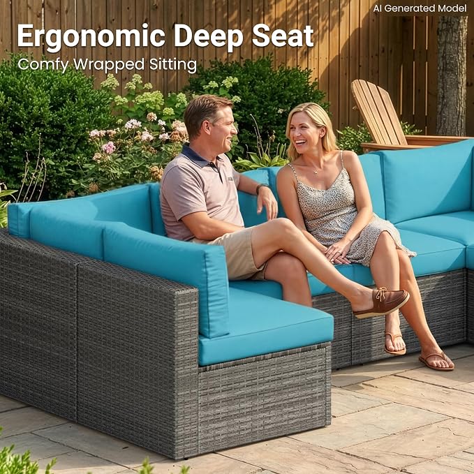 Wisteria Lane 7 Pieces Outdoor Patio Furniture Set, Wicker Outdoor Patio Sectional Sofas with Coffee Table, All-Weather Patio Conversation Set for Garden Backyard, Light Blue