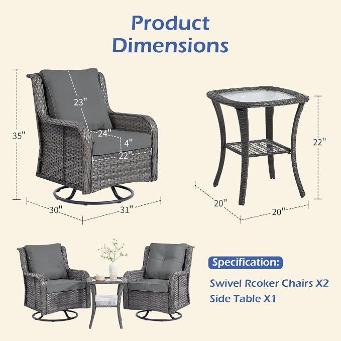 Wumiokio Patio Furniture Sets, 3 Pieces Wicker Outdoor Furniture - 360 Degree Swivel Rocking Chairs and Rattan Side Table for Garden,Porch,Backyard (Grey Wicker/Grey Cushion, 3PCS - Swivel Chairs)