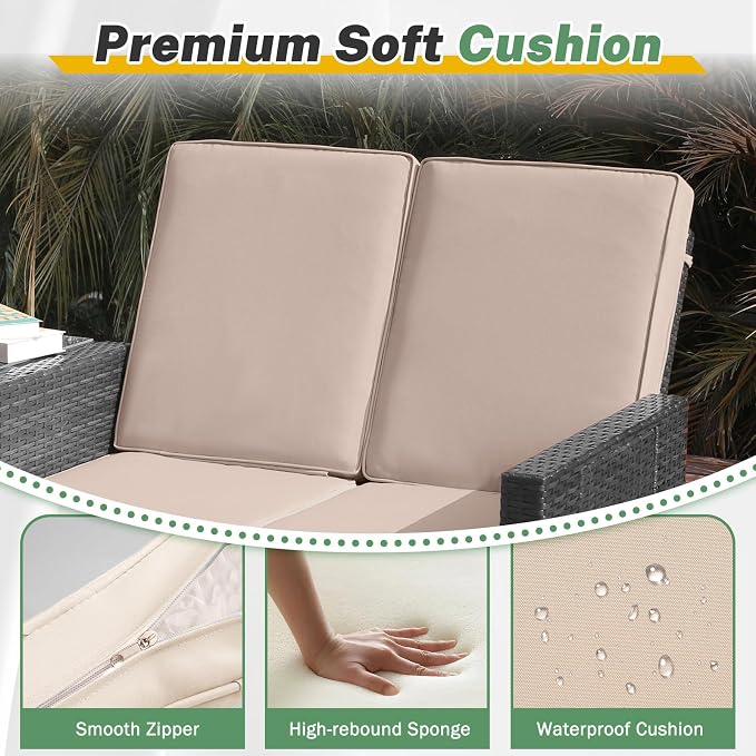 LVUYOYO 5 Piece Patio Furniture Set, Patio Wicker Conversation Set with Ottoman, Outdoor Chaise Lounge Chair with Side Table & Adjustable Backrest for Pool Backyard Garden (Black Wicker Khaki Cushion)