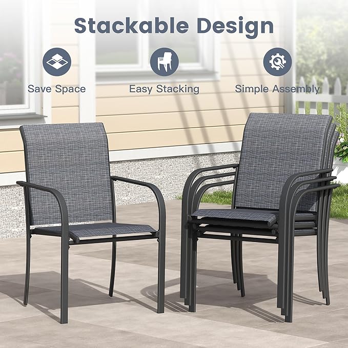 VICLLAX 9 Pieces Patio Outdoor Dining Set, 53" Round Metal Table with Umbrella Hole and 8 Stackable Textilene Chairs for Patio, Lawn, Garden, Porch, Black/Grey