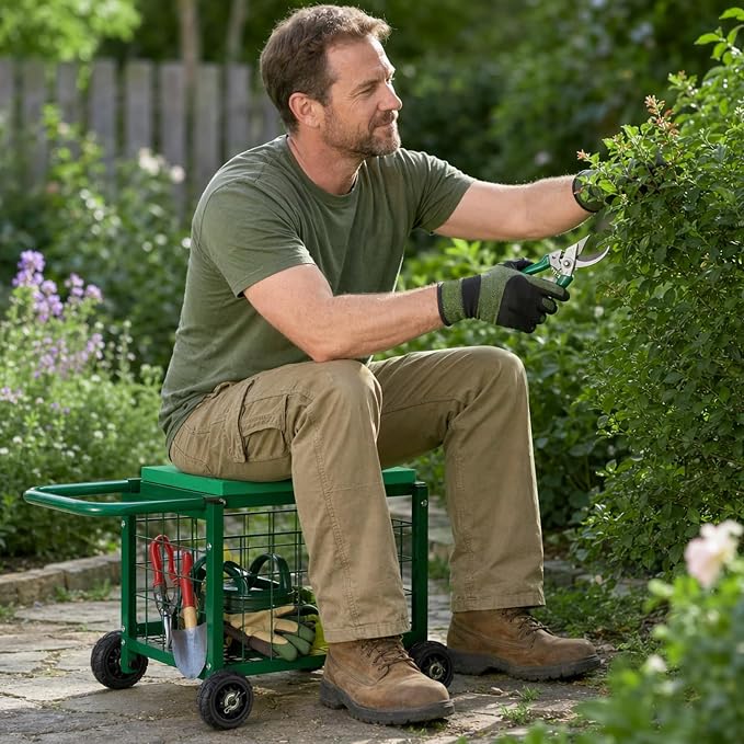 Garden Seat with Wheels, Rolling Garden Stool Heavy Duty Gardening Cart with Seat and 20 Quart Storage Space Use for Patio, Yard, and Outdoors