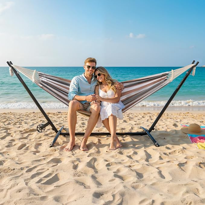 ONCLOUD Double Hammock with Spreader Bar & Heavy-Duty 9ft Steel Wheel Stand, Brazilian Hammock Set, Portable Hammock with Stand for Outside, Backyard, Camping, Includes Carry Bag, 550lb, Desert Strip