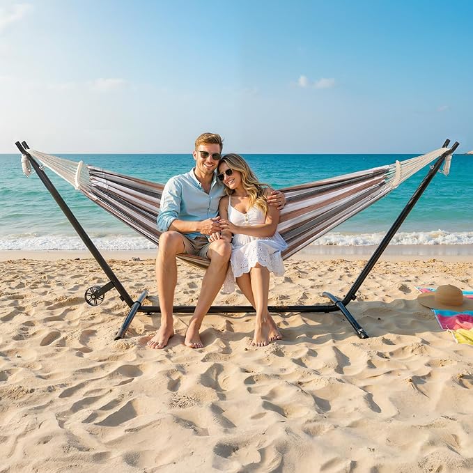 ONCLOUD 550 LB Capacity Double Hammock with Stand – Portable Bag Included (Desert Strip w/Wheel)