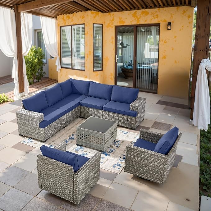 Modular Outdoor Couch Wicker Patio Sofa - High Backrest Wicker Sofa with Removable 4” Cushions All-Weather 3 Seater Seating Patio Couch for Deck Proch Balcony Backyard