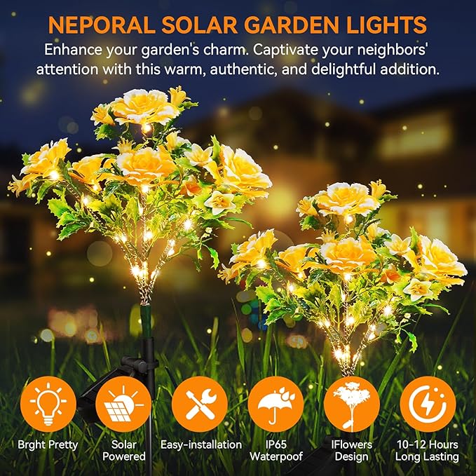 Neporal Solar Garden Lights Outdoor Waterproof IP65 4PK Dusk to Dawn Carnation Solar Flower Lights for Garden Decor Yard Decor Patio Decor, Garden Solar Lights Outdoor Gardening Gifts