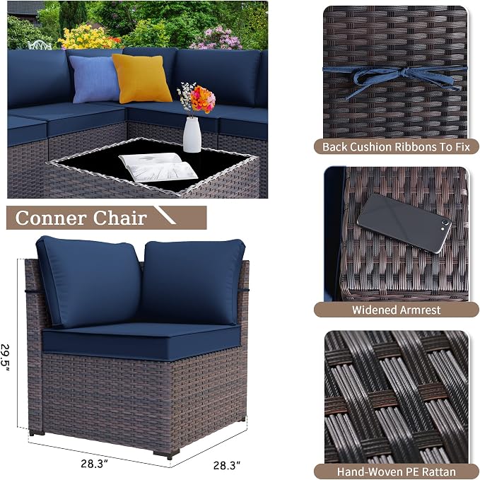 Kurapika 10 Pieces Patio Furniture Set, Rattan Wicker Outdoor Conversation Sets w/43in Propane Fire Pit Table, Swivel Rocking Chairs Patio Sectional Sofa w/4 Inch Cushion, Navy Blue