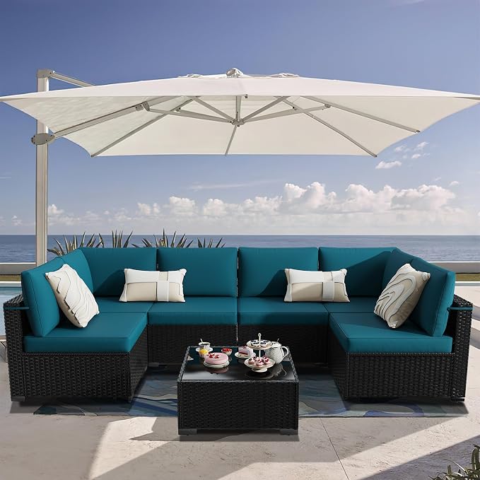 KIGOTY 7-Piece Patio Furniture Set, All-Weather PE Rattan Outdoor Sectional Sofa, Modular Wicker Conversation Set with Thick Cushions & Easy-Clean Coffee Table（Black/Blue）