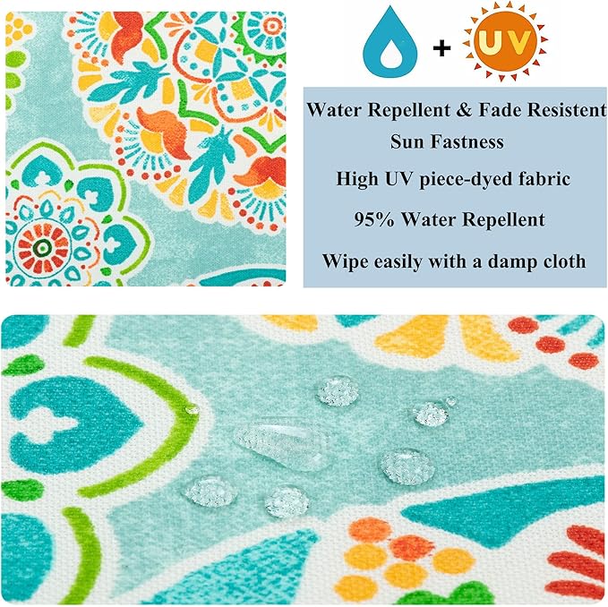 FUNHOME 2 Pack Outdoor Cushion Slipcovers 24" x 24" x 4", No Insert! Water-Resistant Patio Chair Seat Cushion Covers with Zipper and Tie, Replacement Cover Only(Cyan Circle)