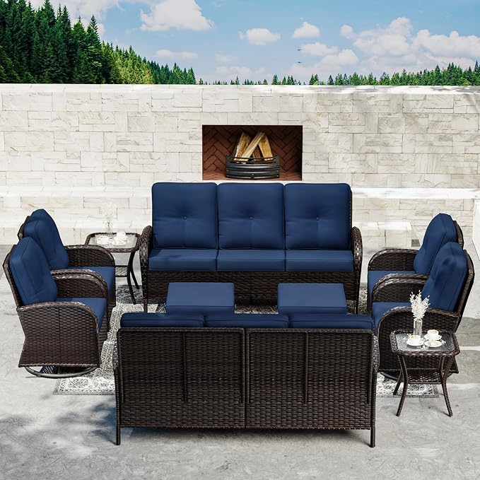 Joyside Wicker Patio Furniture Set, 10 Piece Outdoor Furniture Set with Thickened Cushions, High Back, Deep Seating, Wide Armrest, Outdoor Swivel Rocker Chairs for Porch, Deck