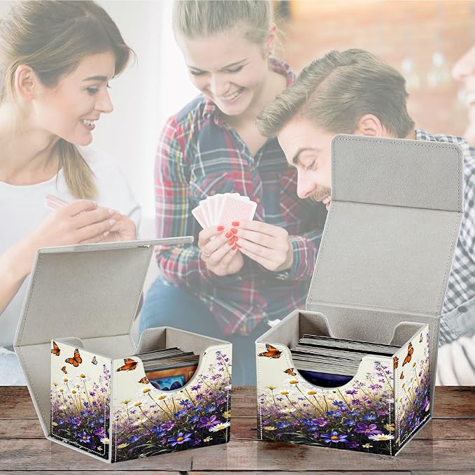 Card Deck Box for MTG, Cards Storage Box Fits 120+ Sleeved, Leather Small Size Strong Magnetic Closing Card Case for Board Games Magic TCG CCG Baseball Collection, Purple Flower Butterfly
