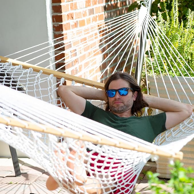 Bliss Hammocks BH-411 60" Wide Polyester Rope Hammock w/Spreader Bars, S Hooks, Chains, Outdoor, Poolside, Patio, Backyard Hammock, Eco Friendly Polyester, 450 Lbs Capacity