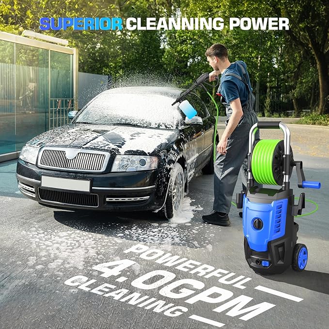 4800PSI Pressure Washer- High Power Washer with 33FT Hose, 4 Nozzles and Foam Cannon, for Home, Cars, Fences, Patio (Blue)