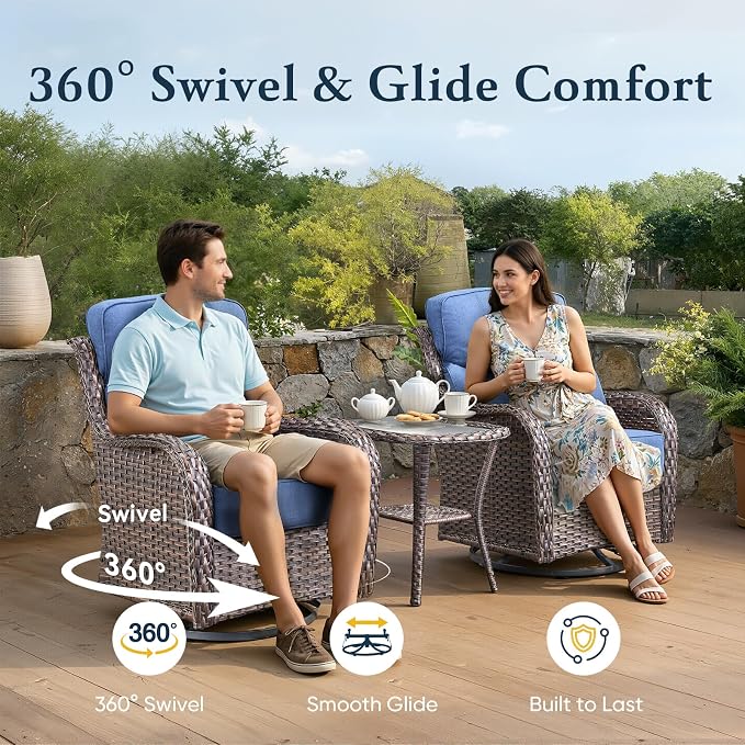 Belord Luxury 6" Thick Cushioned Outdoor Swivel Rocker Chairs Set of 4 with Fire Pit Table, High Back Wicker Patio Furniture Set with Ergonomic Zone Back, Conversation Set for Deck Porch - Brown+Blue