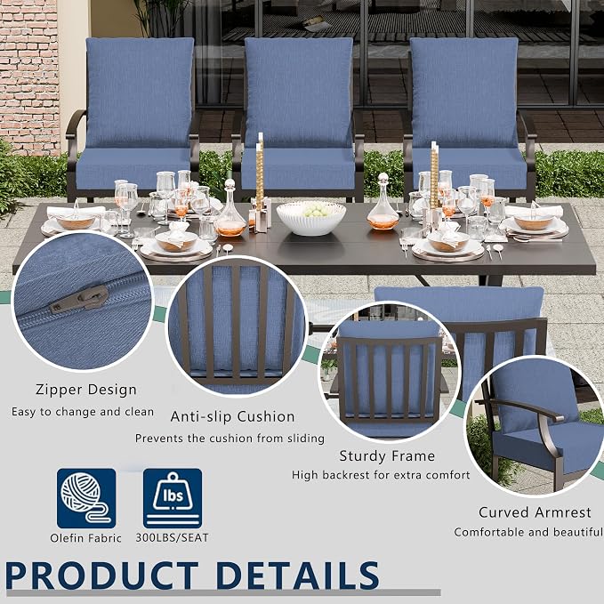 7 Piece Outdoor Dining Set for 6, Metal Patio Table and Chairs with Cushions, Patio Furniture Set with 6 Stackable Chairs, Rectangular Patio Dining Table with Umbrella Hole, Lawn Deck, Yard-Navy