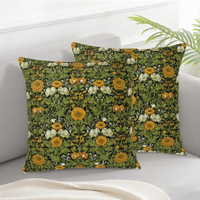 Dark Green Plant Floral Pillow Covers 16x16 Sage Green Botanical Throw Pillow Covers Fern Leaf White Orange Flowers Pillowcase Vintage Wildflower Cushion Case for Couch Sofa 2 Pack