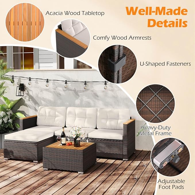 Tangkula 5 Pieces Outdoor Patio Furniture Set, L Shaped Rattan Cushioned Chairs & Coffee Table Set, Outdoor Sectional Conversation Sofa with Wood Armrests & Tabletop for Backyard, Porch, Balcony