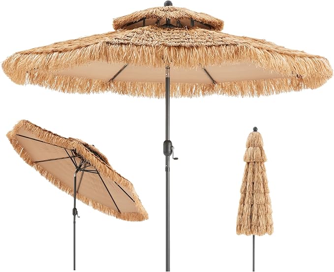 COSIEST 10FT Tiki Umbrella Outdoor Patio Hawaiian Thatched Shade With 8 Ribs Tilt Adjustment for Garden Pool Backyard Beach