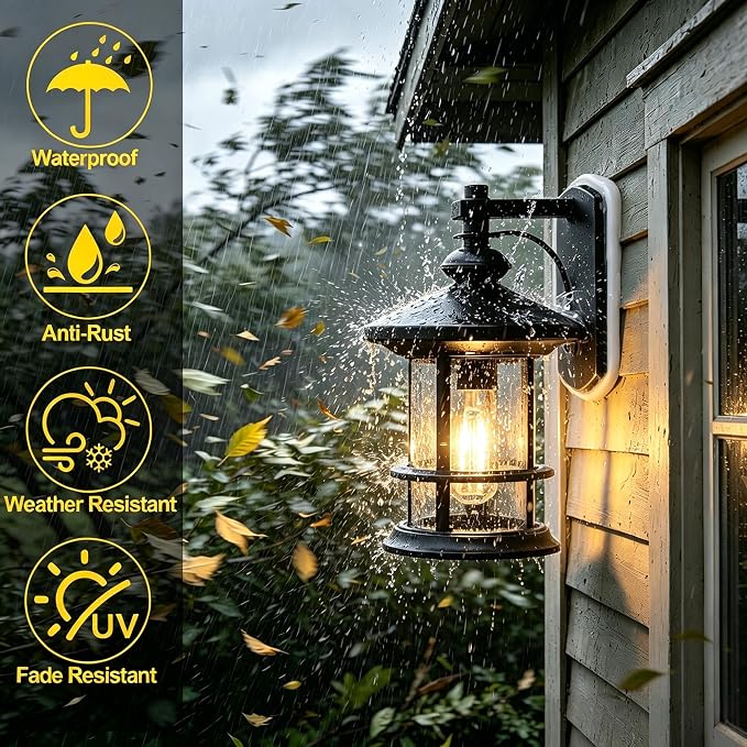 MICSIU 100W Max Modern Industrial Black Outdoor Sconce Lantern Light | 2 Pac 10 Inch Metal Exterior Wall Light with Clear Seedy Glass, Anti-Rust Outside Lighting for Entryway, Garage, Bathroom