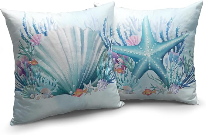 Ocean Themed Coastal Pillow Covers Seashells Starfish Throw Pillow Covers 18x18 Set of 2 Blue Seaweed Coral Pillowcase Double Sided Printing Cushion Case for Patio Outdoor Sofa