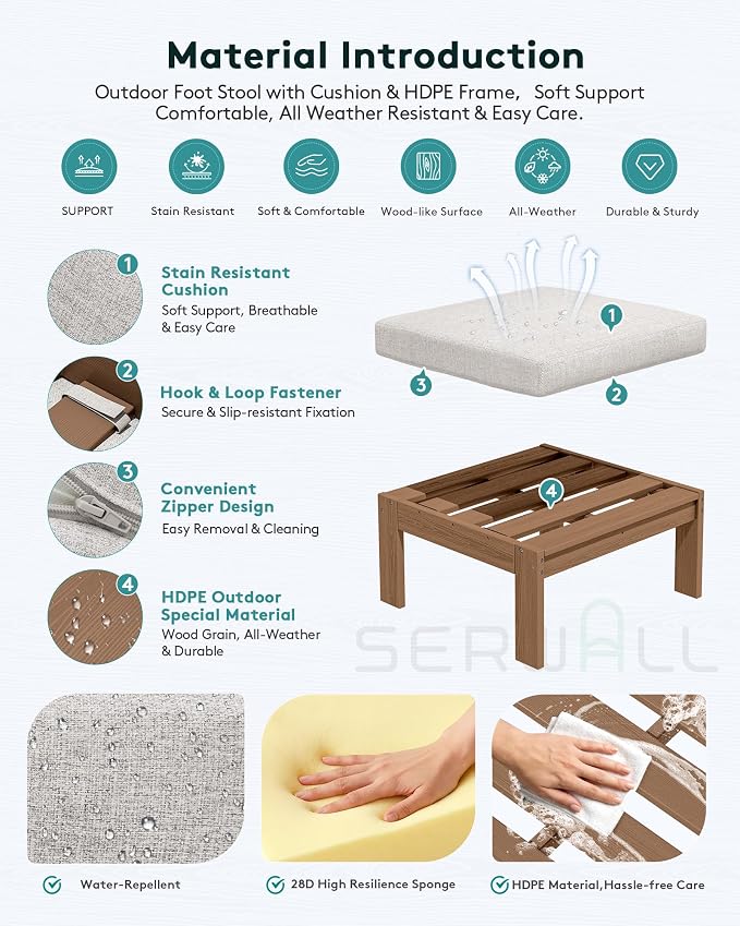 SERWALL HDPE Outdoor Ottoman with Cushions