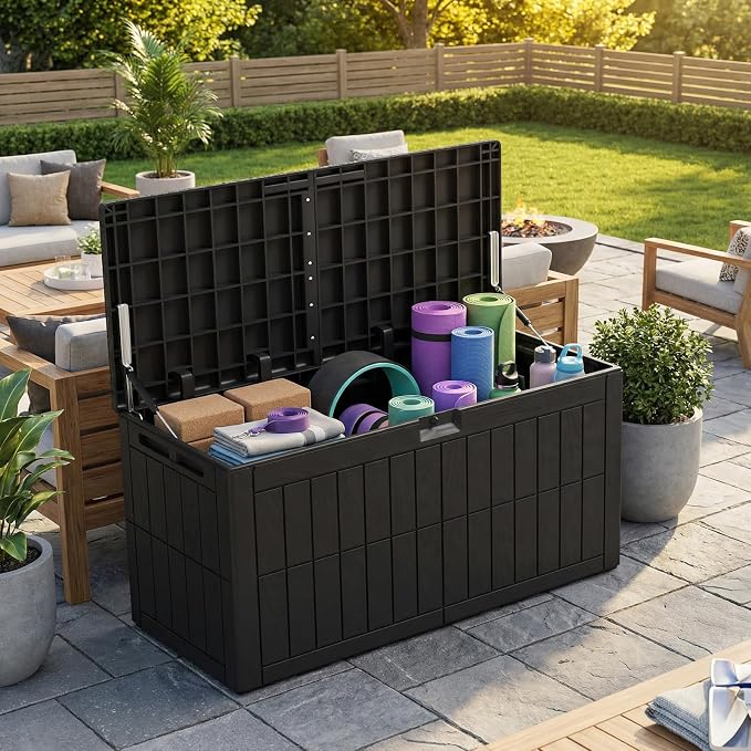 100 Gallon Large Deck Box, Outdoor Resin Storage Boxes for Patio Furniture, Outdoor Cushions, Garden Tools, Water Resistant and Lockable, 48.03 x 24.02 x 21.26 in, Black