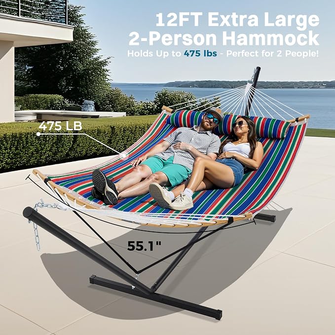 SUPERJARE Curved-Bar Hammock with Stand, 2 Person Heavy Duty Hammock Frame, Detachable Pillow & Portable Carrying Bag, Perfect for Outdoor & Indoor, Retro Blue and Green