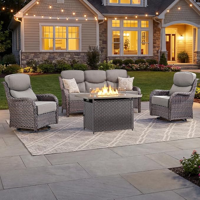 Luxury Patio Furniture Set with 6-inch Thick Cushion, Outdoor Furniture with Fire Pit Table, Swivel Chairs, Sofa, 4pcs Wicker Conversation Set for Deck Yard and Poolside(Brown Wicker/Grey Cushion)