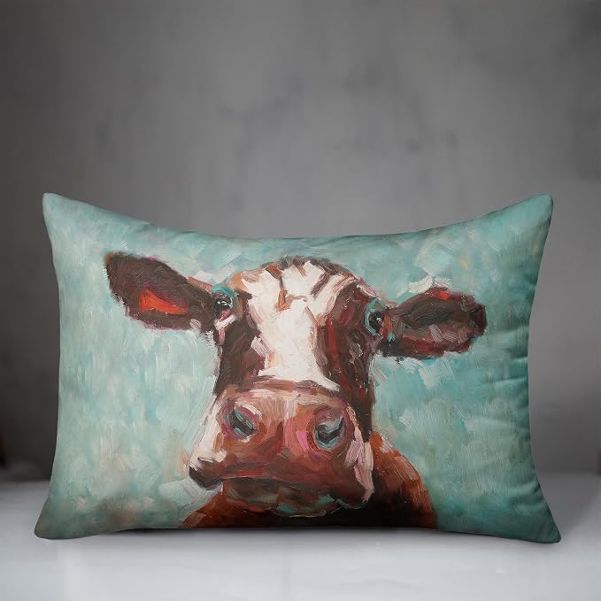 Teal Painted Cow Indoor/Outdoor Pillow | Decorative Pillows for Living Room Couch Bed Sofa Patio, Fluffy Soft Cushion | Water Resistant Multi, 14x20