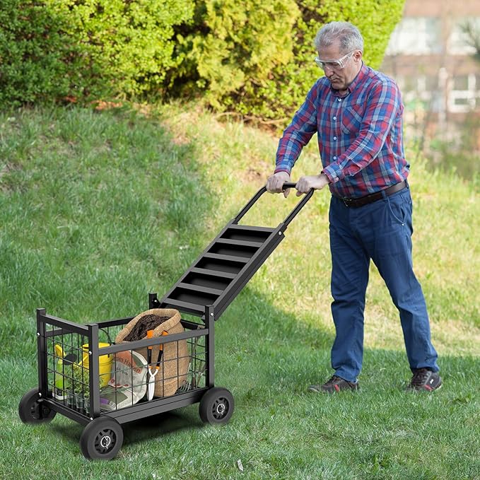 Garden Cart with Seat,3-in-1 Rolling Seat with Wheels for Gardening Seniors | Upgraded Heavy Duty Gardenning Cart with Seat, Supports up to 600 LBS for Seniors, Lawn, Patio & Backyard Gardening, Black