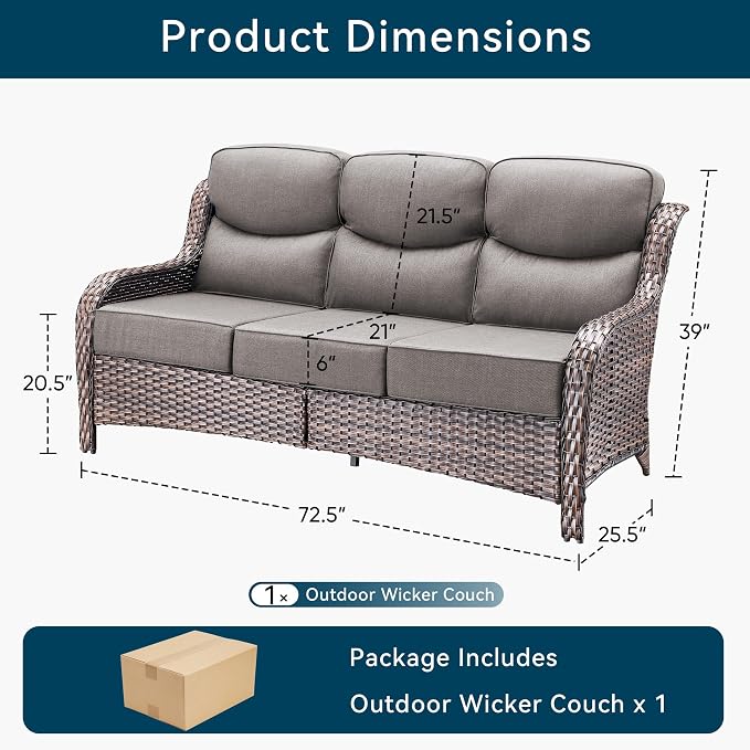 Luxury Outdoor Patio Furniture Set-Wicker High Backrest 3-Seat Patio Sofa with Comfy 6" Cushion, Rattan Couch with Deep Seat All-Weather Patio Conversation Set for Deck Backyard Garden(Brown/Grey)