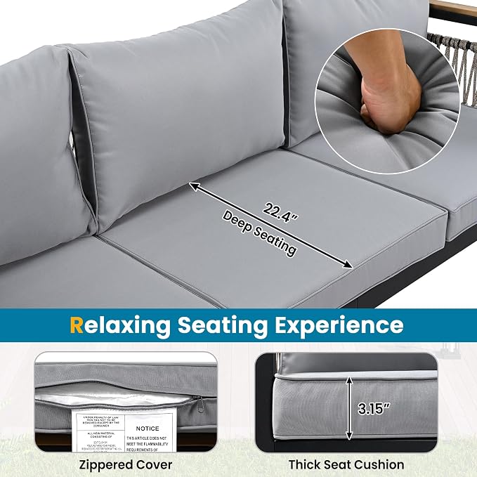 VilroCaz 4 Pieces Outdoor Sectional Sofa Set, All-Weather Patio Seating Group Cnversation Set with Cushions and Coffee Table for Patios Gardens Balcony, Sturdy Steel Frame (Grey+Metal & Wood)