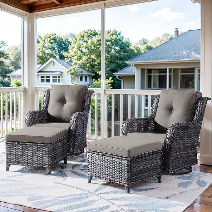 Belord Outdoor Swivel Chairs Set of 2,Patio Wicker Rocker Chairs with Ottomans, All Weather Patio Conversation Furniture Set, Ideal for Porch Balcony Deck Yard, Gray Wicker/Gray