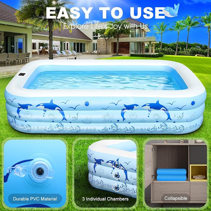 2026 Upgrade Inflatable Pools with Lights, Family Inflatable Swimming Pools for Adults, Blow Up Pool Solar, Large Pool, Durable Thickened Inflatable Family Pool for Backyard-White