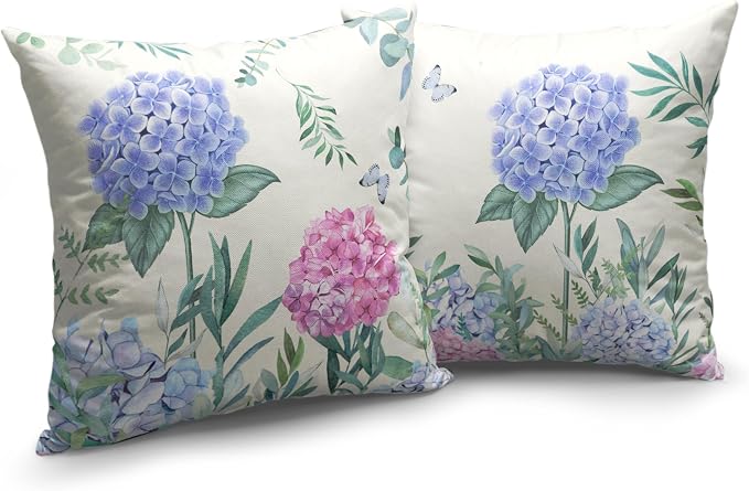 Spring Summer Flower Decorative Pillow Covers Pink and Blue Hydrangea Pillow Case 16x16 Floral Butterfly Cotton Linen Square Cushion Case for Sofa Patio Car 2 Pack