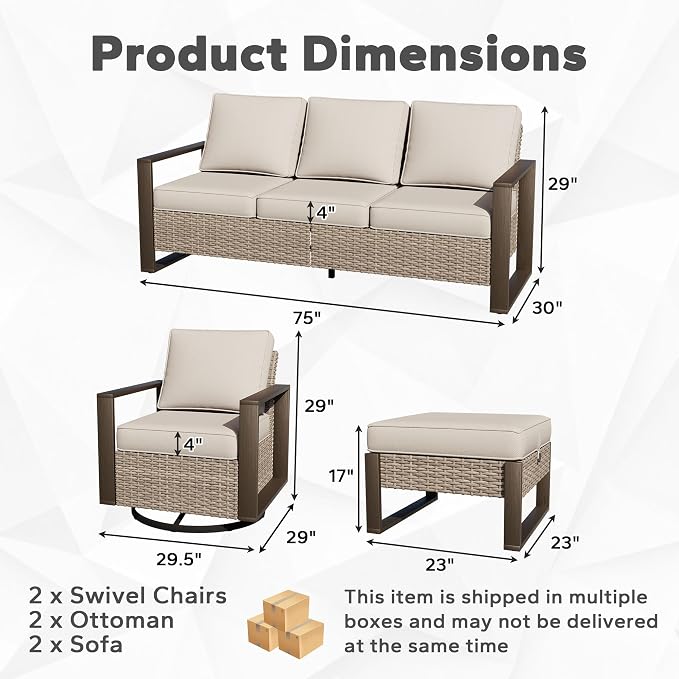 Outdoor Patio Swivel Rocker Chairs, 6 Pieces Wicker Furniture Set, 2 Swivel Rocking Chairs, 2 Sofa and 2 Ottoman, Metal Wide Armrest, Thick Cushions and Deep Seating for Garden, Backyard, Porch, Deck