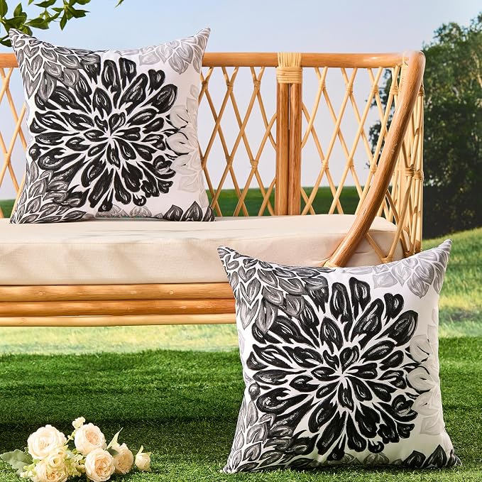 Allorry Outdoor Pillow Covers 20x20 Set of 2 Vintage Black Flower Pattern Decoration Throw Pillow Covers for Summer Fall Outdoor Waterproof Garden Patio Sofa Bedroom Home Decor JB012-E20
