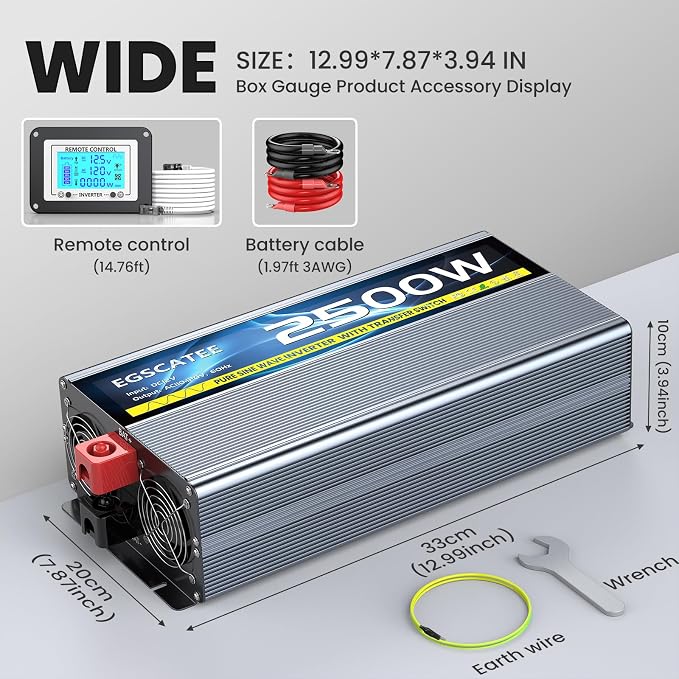 2500W Pure Sine Wave RV Inverter with Built-in ATS, 12V DC to 110V/120V AC Power Converter, 5000W Peak, Automatic Shore Power Bypass, Hardwire Ready for RV Electrical Systems, LCD Remote, USB & Type-C
