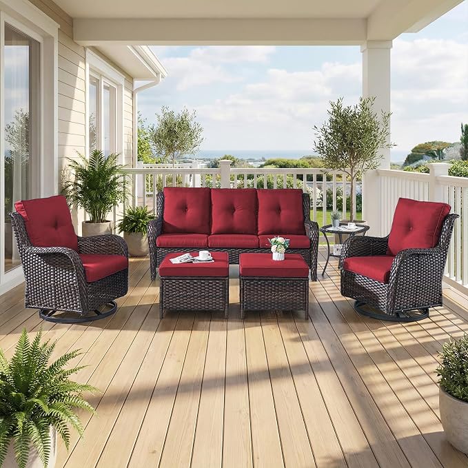 6 Piece Patio Furniture Set with Ottoman - All Weather Patio Conversation Set with 4 Inch Thick Cushions and Deep Seating Swivel Glider Chairs & Outdoor Couch for Porch Deck Yard Pool