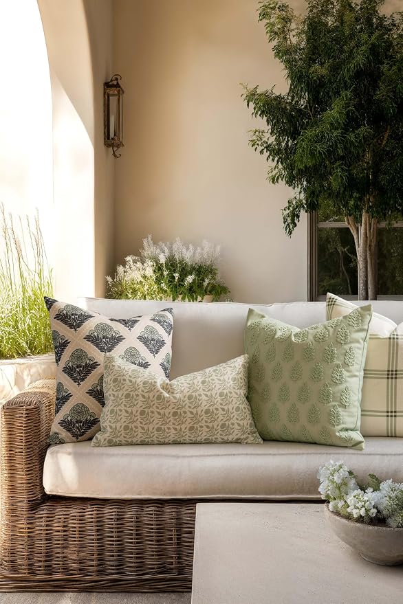 Modern Farmhouse California Casual Indoor Outdoor Lumbar Pillow Cover, 12"x20" Water Repellent for Patio, Backyard, Couch, Light Green Print Floral and Leaves Geometric