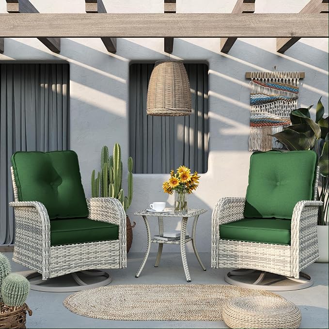 9-Piece Patio Rocking Swivel Chair Outdoor Wicker Rattan Bistro Set with Tempered Glass Side Table, Outdoor Patio Furniture Set for Garden, Deck, and Balcony, Green