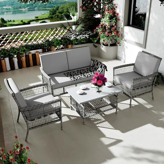 DECMICO 4 Pieces Outdoor Patio Furniture Set, Wicker Rattan Chairs & Loveseat Couch with Side Table and Cushions, All-Weather Patio Seating Set for Backyard, Deck, Porch (Light Gray)