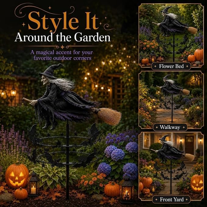 The Enchanted Witch Garden Wind Spinner, Metal Halloween Yard Art Outdoor Decor, Outdoor Garden Stake Decoration, Halloween Lawn Ornament, for Garden Patio Pathway Fall Decorations (1PCS)