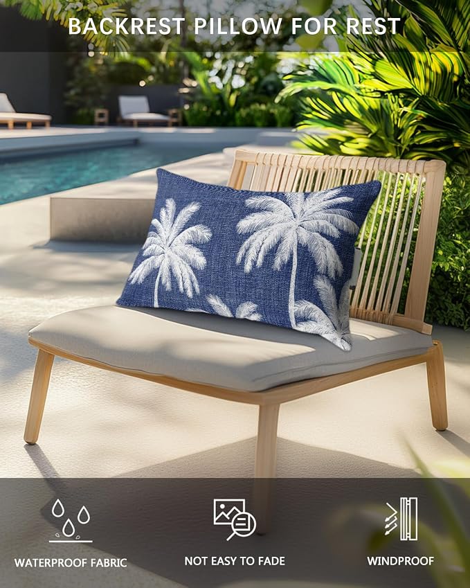 Pack of 4 Outdoor Lumbar Pillow Covers 12x20 Inch, Indigo Blue Palm Trees Waterproof Throw Pillow Covers Set, Farmhouse Tropical Summer Beach Decorative Cushion Cases for Patio Porch Car